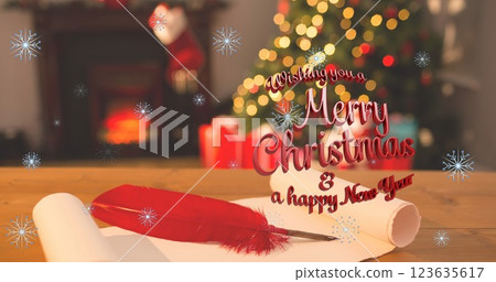 Image of merry christmas text over christmas tree 123635617