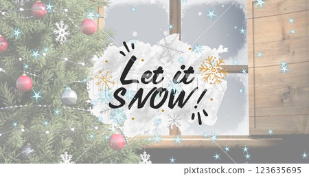 Snowflakes and Let it Snow! text overlaying frosted window 123635695