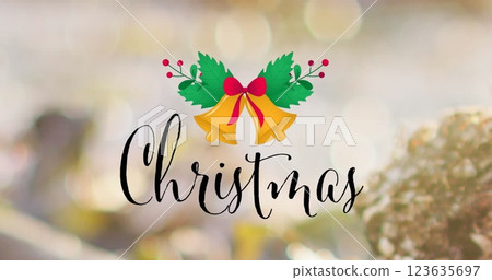 Image of christmas text banner and bell icon against decorative christmas tree Image of christmas text banner and bell icon against decorative christmas tree 123635697
