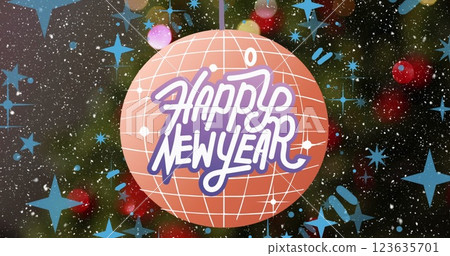 Image of snow falling over happy new year text banner over a disco ball and spots of light Image of snow falling over happy new year text banner over a disco ball and spots of light 123635701