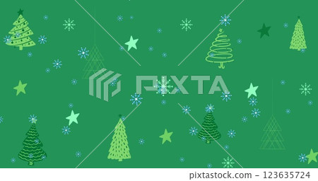 Image of blue snowflakes falling over christmas tree and star icons against green background Image of blue snowflakes falling over christmas tree and star icons against green background 123635724