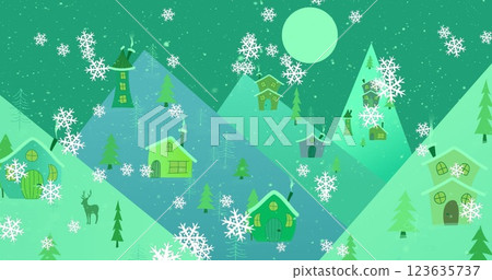 Image of snow falling over winter landscape with mountains and house against green background 123635737