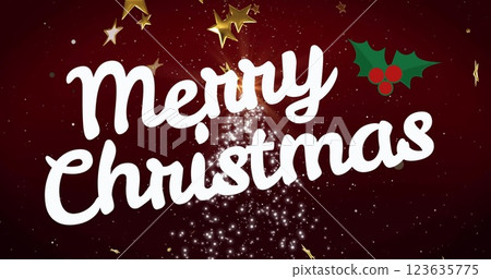 Image of merry christmas text over stars and lens flare tree over red background 123635775