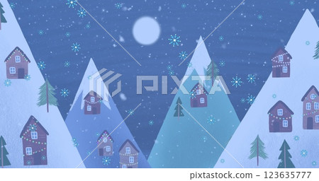 Image of snowflakes falling over winter landscape against night sky with copy space Image of snowflakes falling over winter landscape against night sky with copy space 123635777