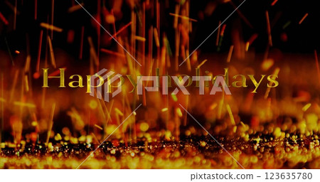 Image of happy holidays text over sprinklers falling on ground over abstract background Image of happy holidays text over sprinklers falling on ground over abstract background 123635780