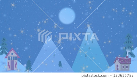 Image of snowflakes falling over winter landscape against night sky with copy space 123635782