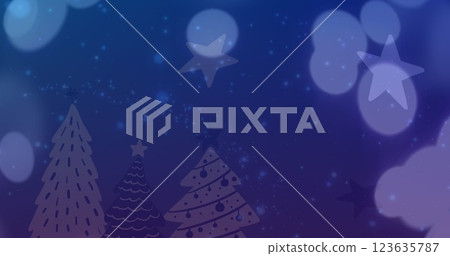 Image of spots of light falling over christmas tree and star icons against blue background 123635787