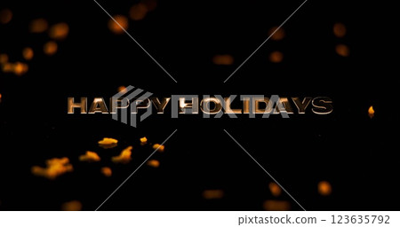 Image of happy holidays text with star shapes moving on black background 123635792