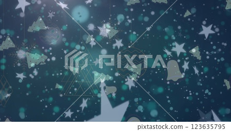 Image of christmas bell and stars icons over hanging christmas decorations on green background Image of christmas bell and stars icons over hanging christmas decorations on green background 123635795