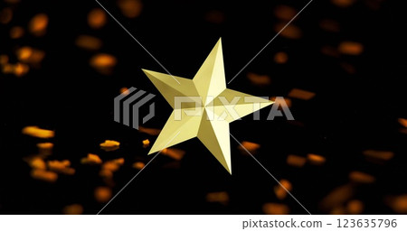 Image of white star over golden decorations moving on black background 123635796