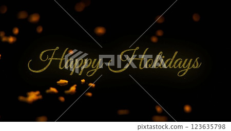 Image of happy holidays text with illuminating star shapes moving on black background 123635798