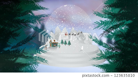 Digital composite of Christmas trees and Santa in sleigh with reindeer 123635810