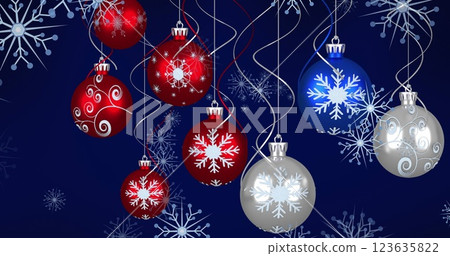 Image of christmas baubles decorations with snow falling Image of christmas baubles decorations with snow falling 123635822