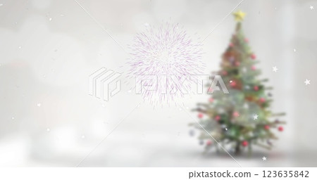 Image of snow falling and fireworks over christmas tree in winter scenery Image of snow falling and fireworks over christmas tree in winter scenery 123635842