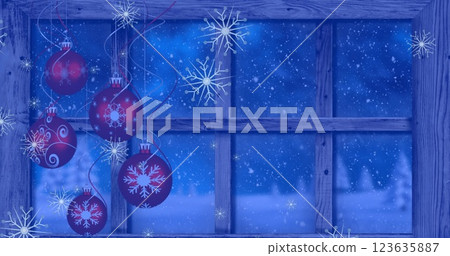 Image of snowflakes floating over hanging bauble decorations and wooden window frame Image of snowflakes floating over hanging bauble decorations and wooden window frame 123635887