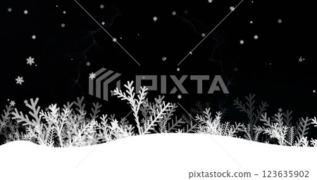 Image of leaves and merry christmas text over winter landscape 123635902