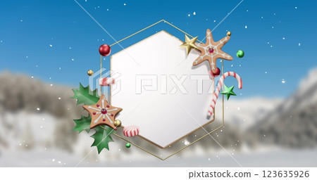 Image of snow and christmas decorations around blank white hexagonal sign over winter landscape Image of snow and christmas decorations around blank white hexagonal sign over winter landscape 123635926