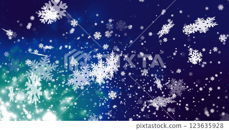Image of white christmas snowflakes over falling snow and blue lights Image of white christmas snowflakes over falling snow and blue lights 123635928