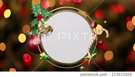 Image of christmas decorations around blank white circular sign over red and orange lights 123635929