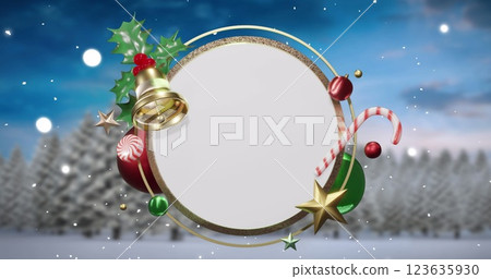 Image of snow and christmas decorations around blank white circular sign over winter landscape 123635930