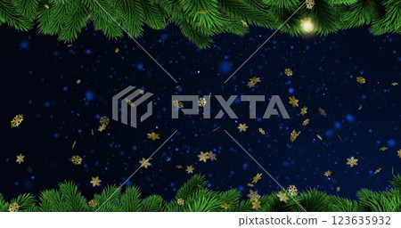 Image of golden snowflakes and blue snow on black sky with christmas tree border 123635932
