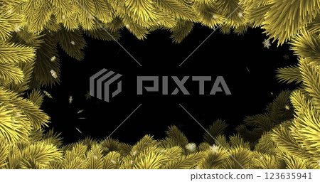Image of gold snowflakes falling on black background with christmas tree border 123635941