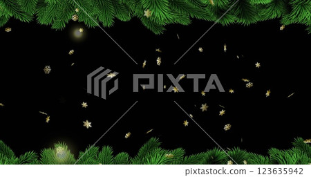 Image of gold snowflakes falling on black background with christmas tree border Image of gold snowflakes falling on black background with christmas tree border 123635942