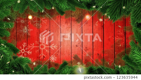 Image of gold stars falling on wooden background with christmas tree border 123635944