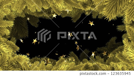 Image of gold stars falling on black background with christmas tree border Image of gold stars falling on black background with christmas tree border 123635945