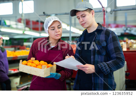 Foreman with papers checking tangerines held by female worker Foreman with papers checking tangerines held by female worker 123635952