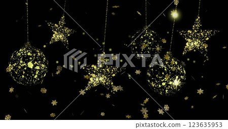 Image of gold snowflakes with star and bauble christmas deocrations hanging on black background Image of gold snowflakes with star and bauble christmas deocrations hanging on black background 123635953