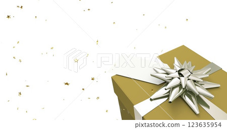Image of falling gold stars with gold christmas gift on white background Image of falling gold stars with gold christmas gift on white background 123635954