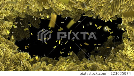 Image of gold snowflakes and confetti falling on black background with christmas tree border Image of gold snowflakes and confetti falling on black background with christmas tree border 123635974
