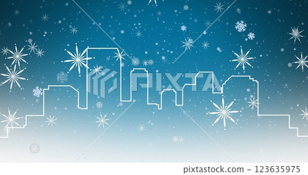 Image of falling white christmas snowflakes on blue background and white line cityscape 123635975