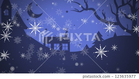 Image of falling white christmas snowflakes over blue sky and silhouette of house and trees Image of falling white christmas snowflakes over blue sky and silhouette of house and trees 123635977