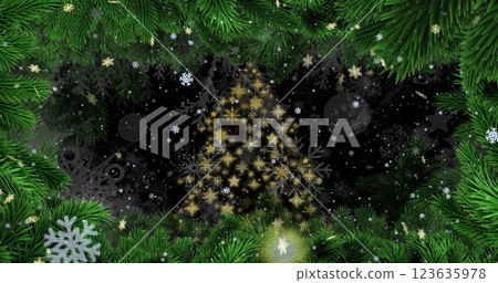 Image of falling snowflakes over tree of gold stars and snowflakes and christmas tree border Image of falling snowflakes over tree of gold stars and snowflakes and christmas tree border 123635978