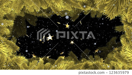 Image of falling gold stars and white snowflakes with black background and christmas tree border 123635979