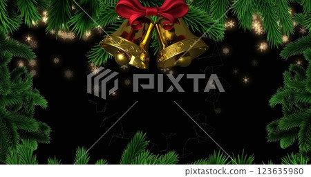 Image of glowing snowflakes falling over black background with bells and christmas tree border 123635980