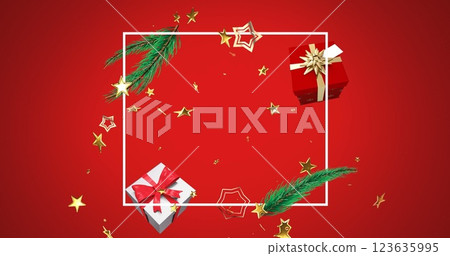 Image of gold stars over white frame with christmas tree sprigs and gifts on red background Image of gold stars over white frame with christmas tree sprigs and gifts on red background 123635995