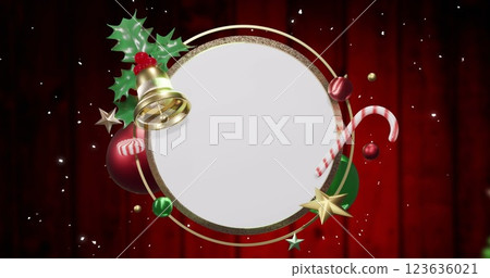 Image of snow falling over christmas decorations around white circular sign on red boards Image of snow falling over christmas decorations around white circular sign on red boards 123636021