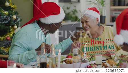 Image of merry christmas text over diverse senior couple in hats laughing at christmas dinner 123636071