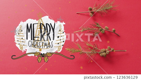 Image of christmas greetings text over christmas decorations 123636129