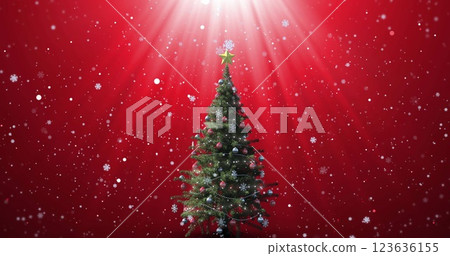 Image of christmas tree and snow falling in winter scenery 123636155
