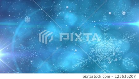 Image of snowflakes and lights on blue background Image of snowflakes and lights on blue background 123636207
