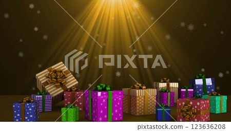 Image of christmas presents and snow falling on brown background Image of christmas presents and snow falling on brown background 123636208