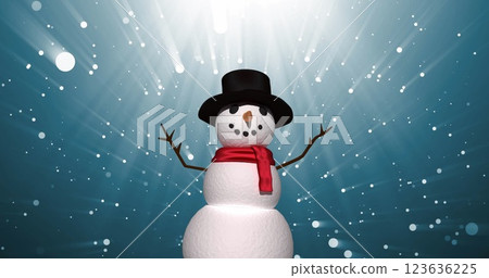 Image of christmas snowman and snow falling on blue background 123636225