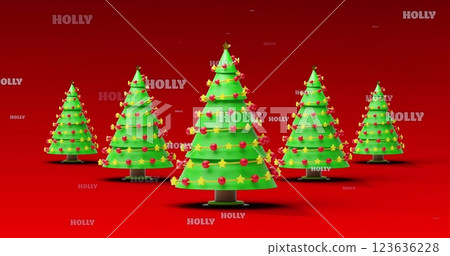 Image of christmas holly text over christmas trees on red background Image of christmas holly text over christmas trees on red background 123636228