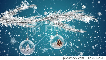 Image of snowflakes over fir tree and baubles on blue background Image of snowflakes over fir tree and baubles on blue background 123636231