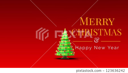 Image of christmas greetings text over christmas tree on red background 123636242