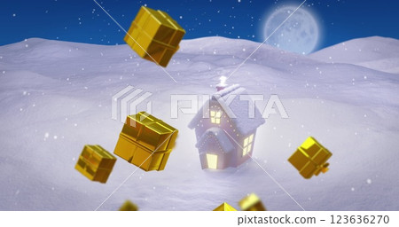 Image of christmas presents over full moon, snow and house in winter scenery Image of christmas presents over full moon, snow and house in winter scenery 123636270